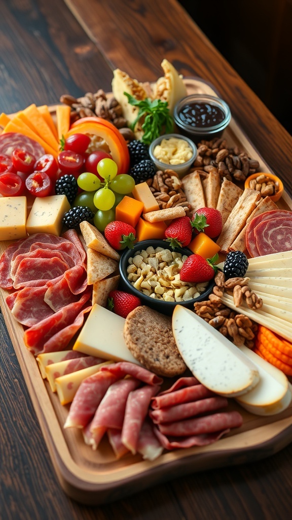 DIY Charcuterie Board Recipe A colorful charcuterie board with meats, cheeses, fruits, and nuts on a wooden table.